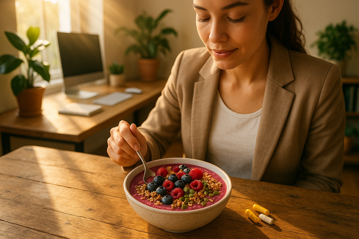 Morning smoothie bowl and supplements for natural energy without the crash