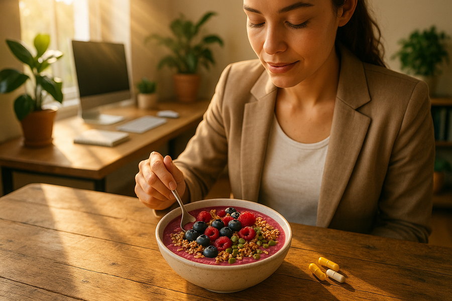 Morning smoothie bowl and supplements for natural energy without the crash