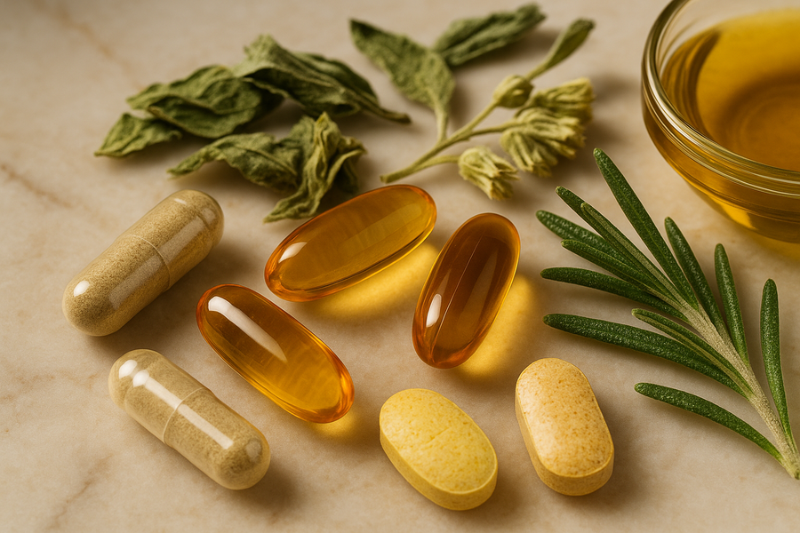 Natural supplement ingredients, capsules, herbs and oils on a marble surface