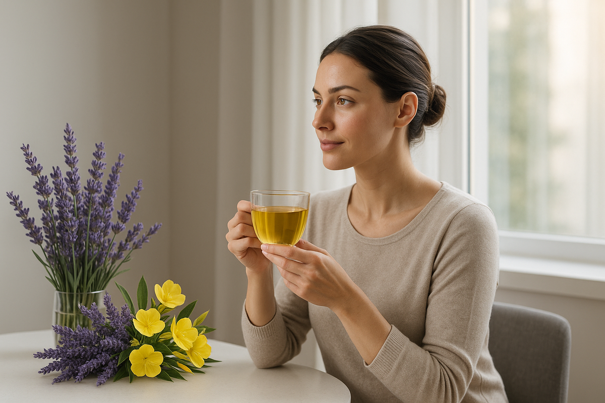 Woman holding herbal tea by a window, balancing hormones naturally