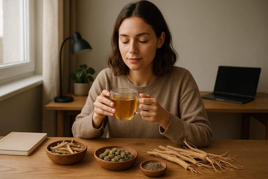 Woman with herbal tea and adaptogenic herbs like ashwagandha, rhodiola and ginseng